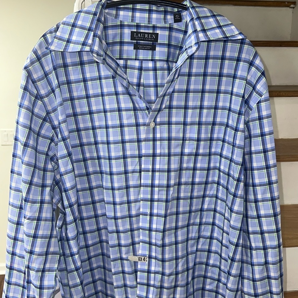 Stretch long sleeve blue checkered button down